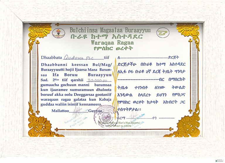 3. Community Service Recognition – School Construction Support (Oromia Region)  We were recognized by the Oromia Regional Government for our contribution to community development and social responsibility, particularly in supporting the construction of schools. This award highlights our firm belief that business success must go hand-in-hand with uplifting local communities and investing in the next generation. Our contributions continue to improve access to education and empower children across the region.